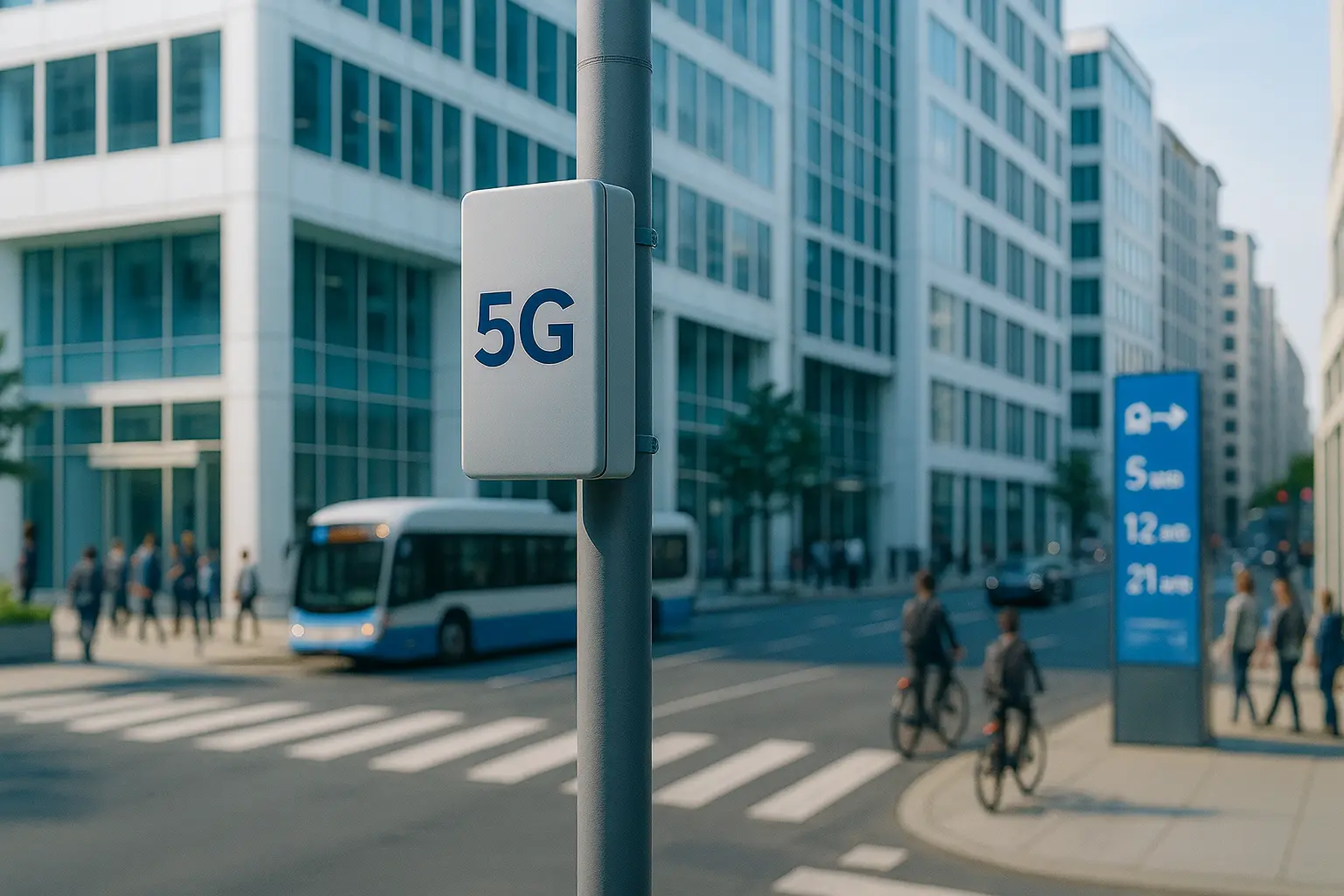 A 5G small cell antenna on a city street pole, enabling smart city connectivity.