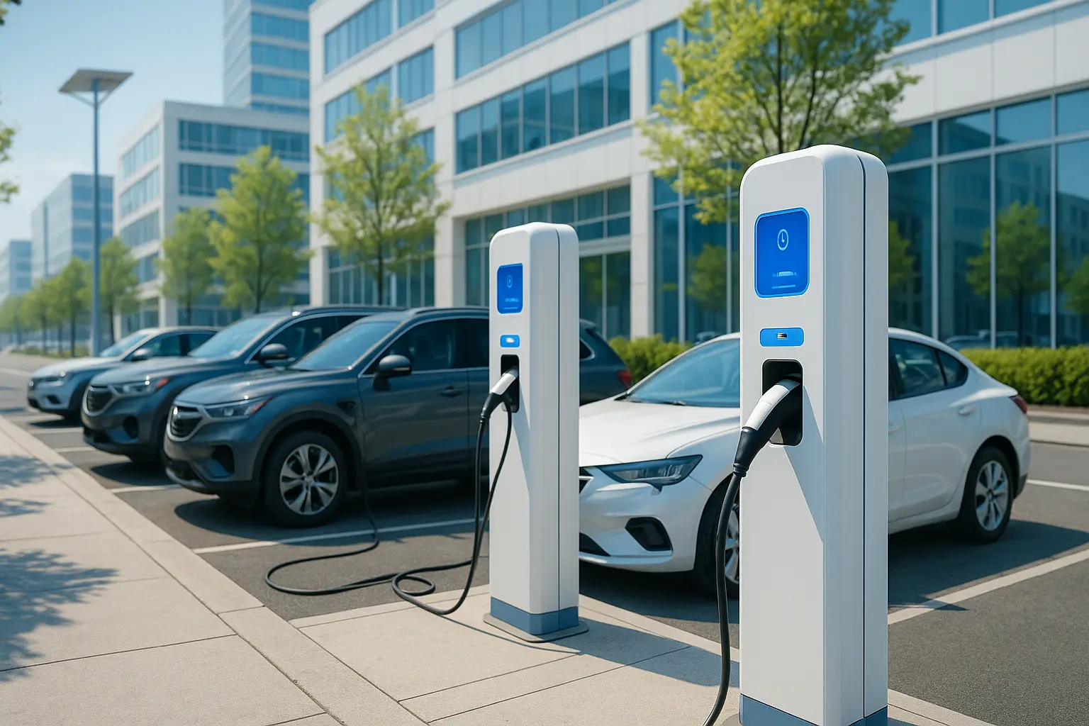 Electric vehicles at a public charging station, part of the transition to clean transport.