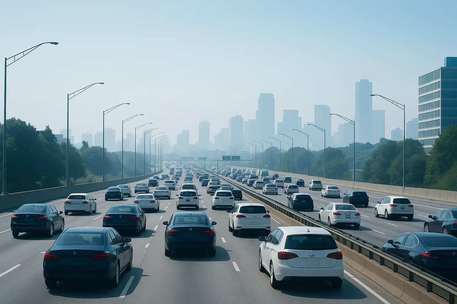 Multi-lane highway with heavy traffic leading to a city, representing road emissions.