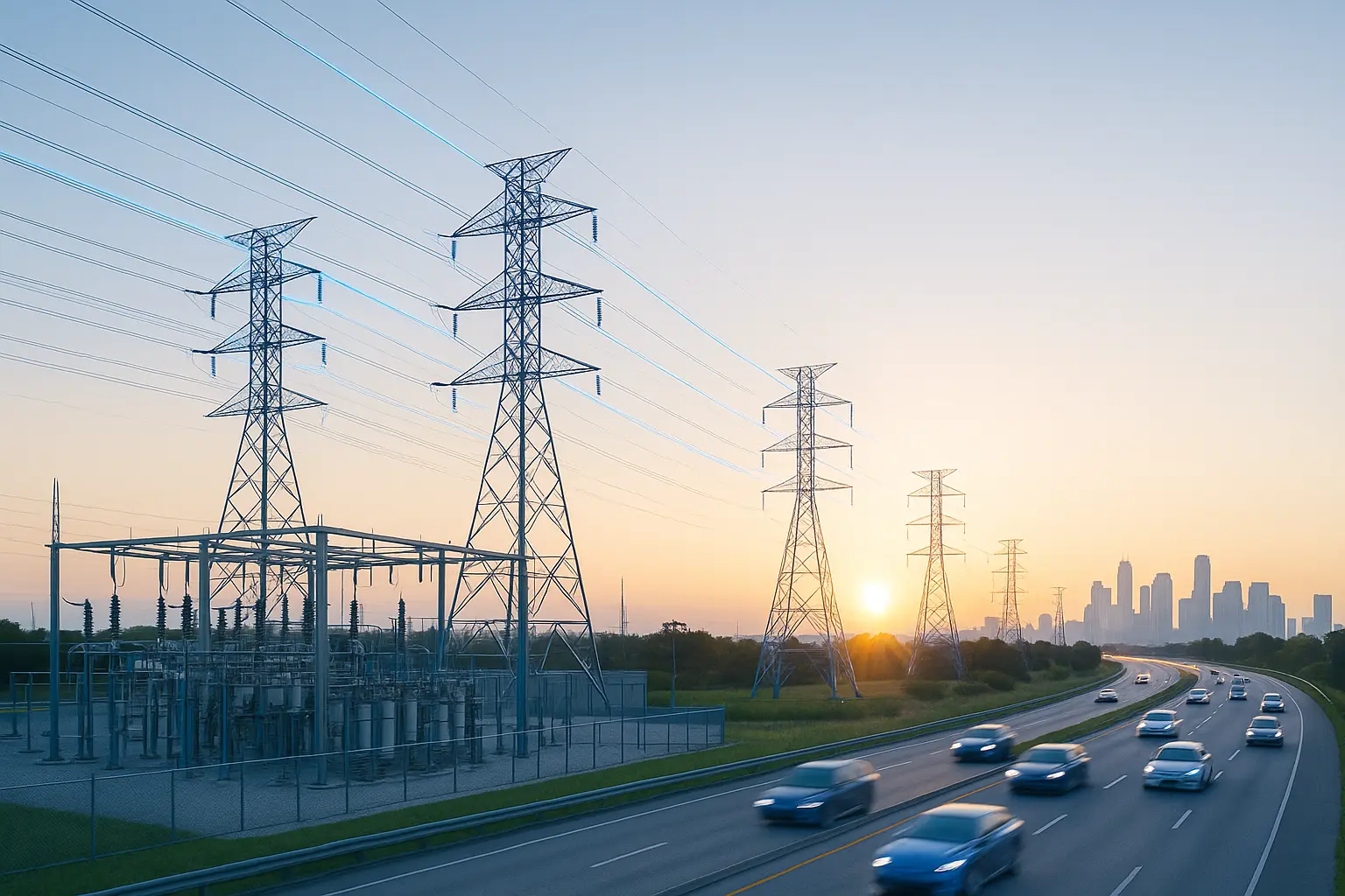 Electricity pylons and power lines running alongside a busy highway, symbolizing the grid's role in transport electrification.